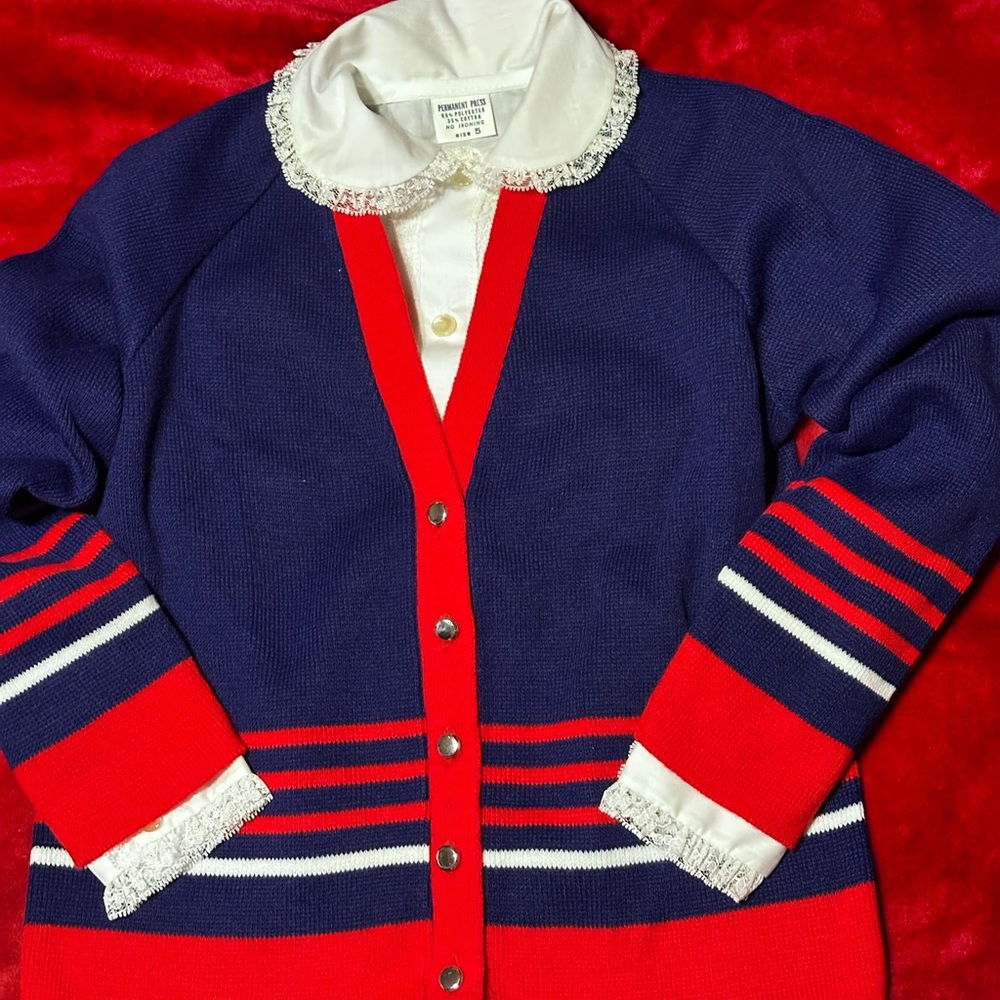 Red and Blue Striped Cardigan with White Collar